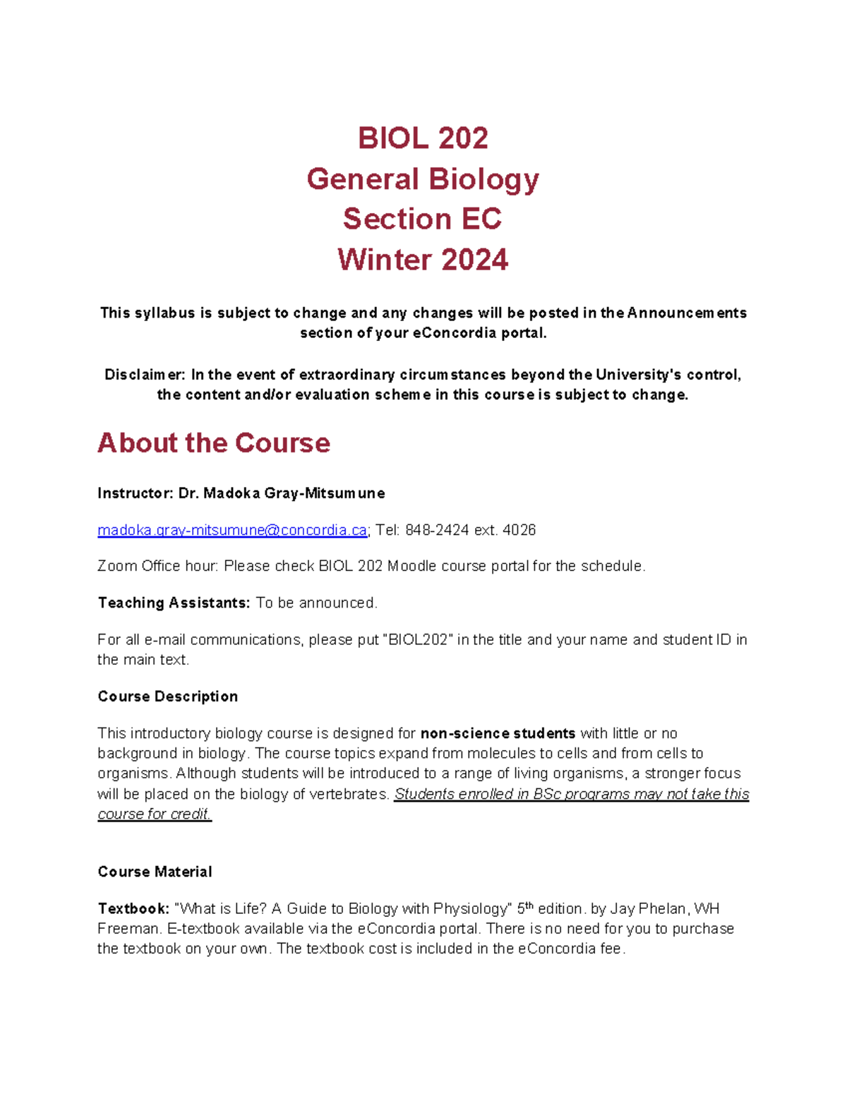BIOL 202 - General Biology Course Outline for Winter 2024 - Studocu