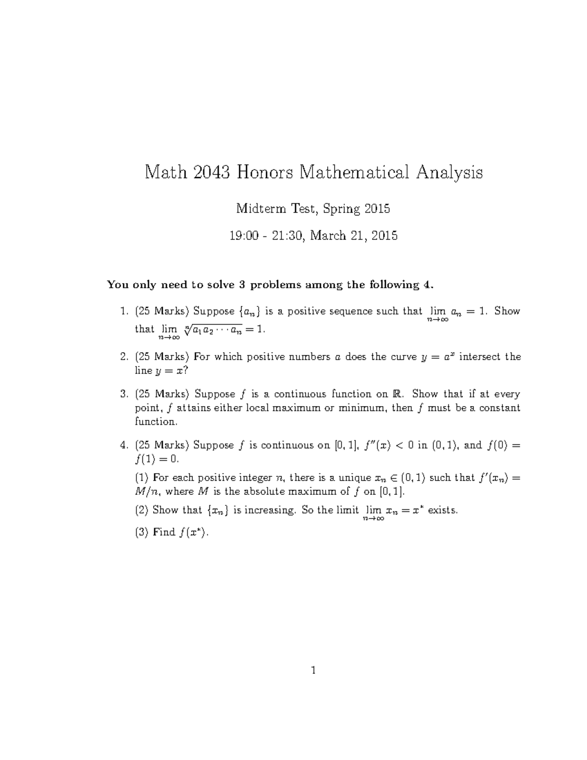 Math 2043 Honors Mathematical Analysis Midterm Solutions, Spring 2015 ...