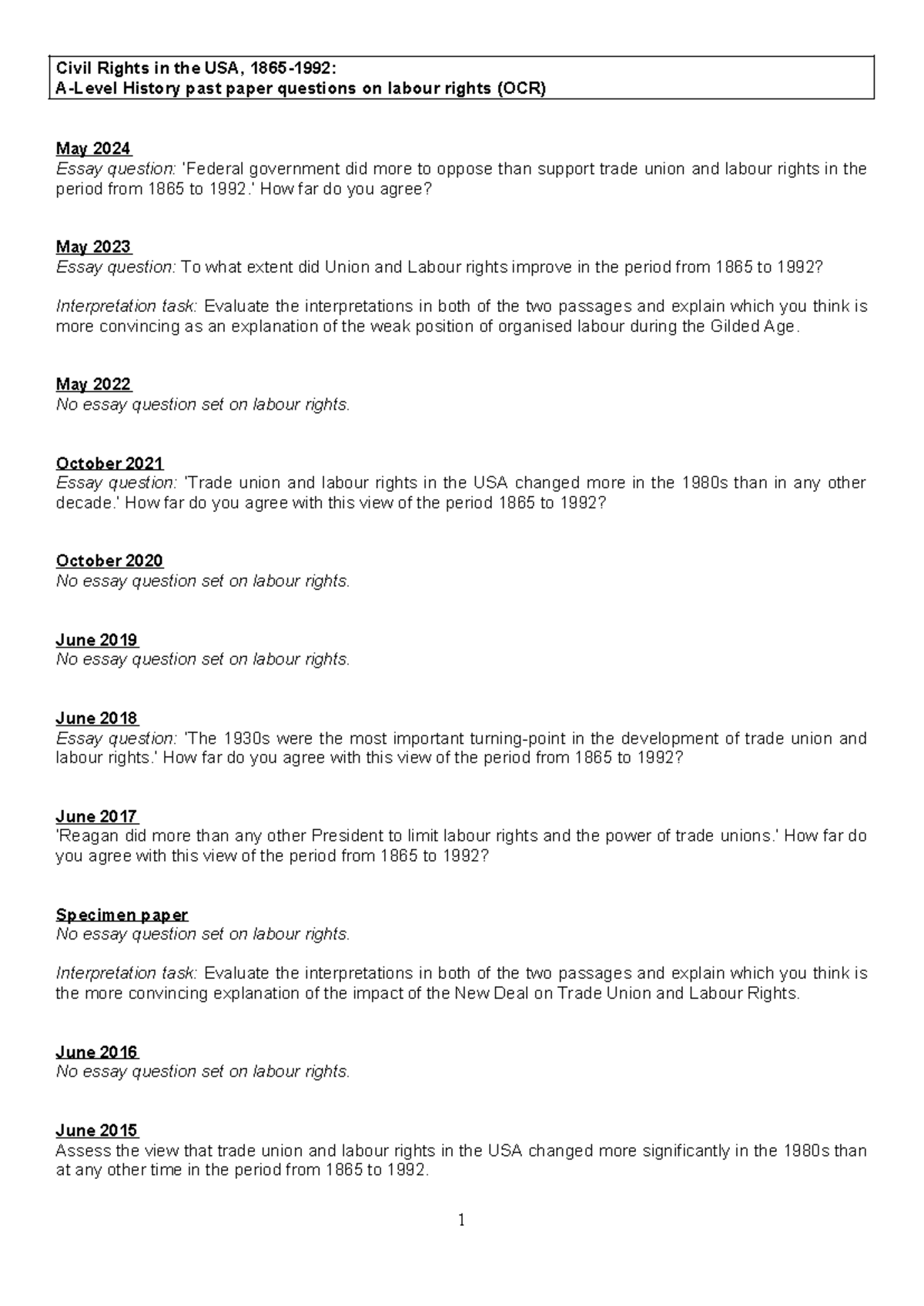 A-Level History OCR: Labour Rights Past Paper Questions (1865-1992 ...