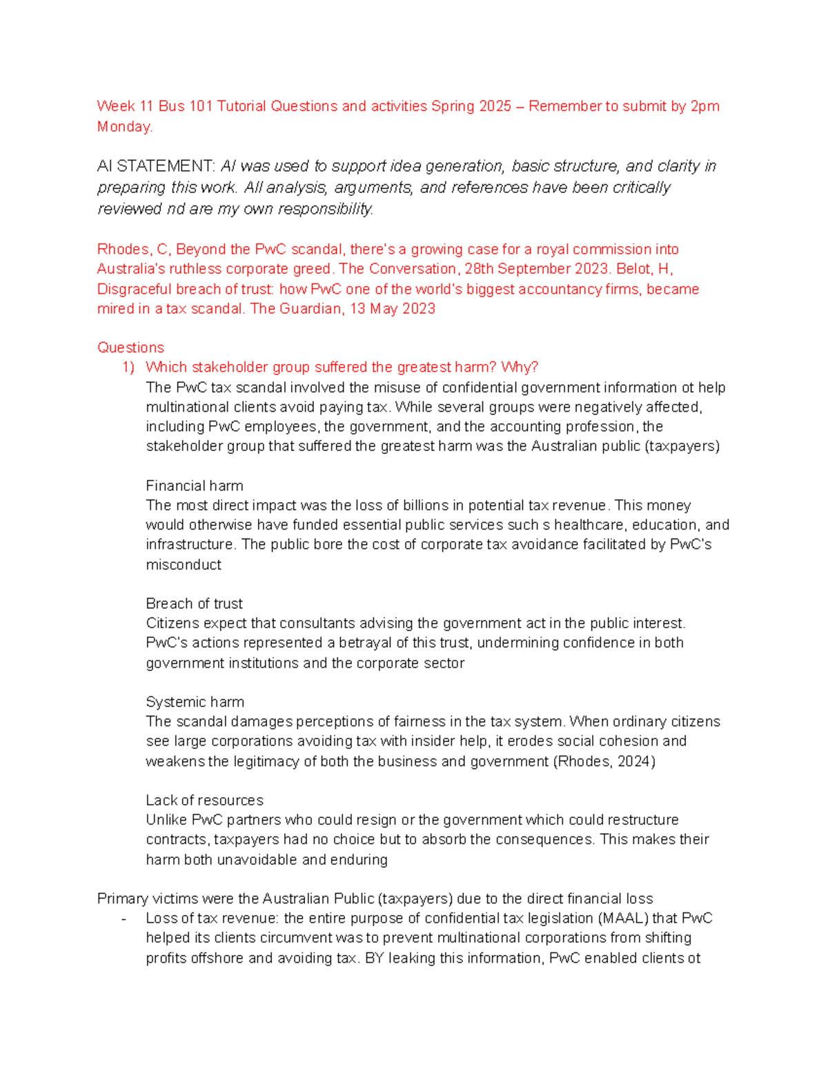 Week 11 BUS 101 Tutorial Questions & Activities - Spring 2025 - Studocu
