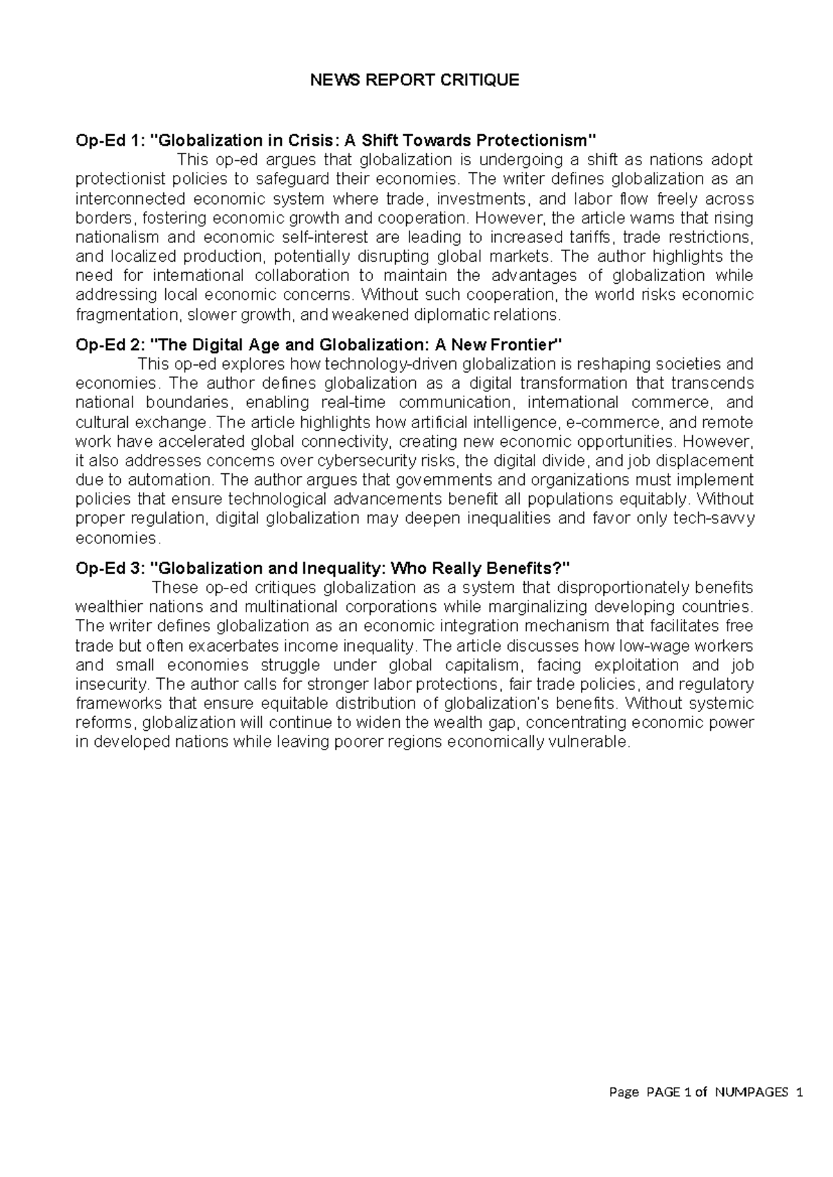 NEWS REPORT CRITIQUE 1: Globalization's Shift and Its Impacts - Studocu