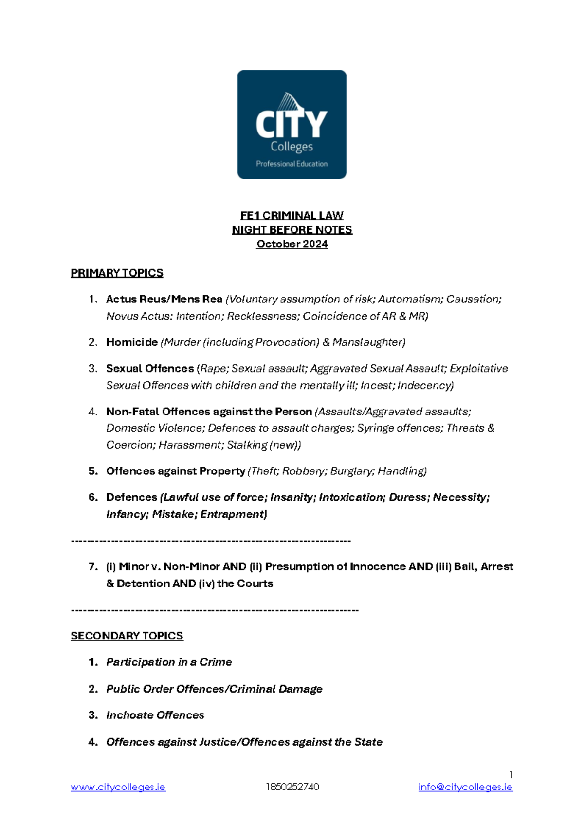 Criminal Law FE1 Final Exam Notes - Key Topics & Updates October 2024 ...