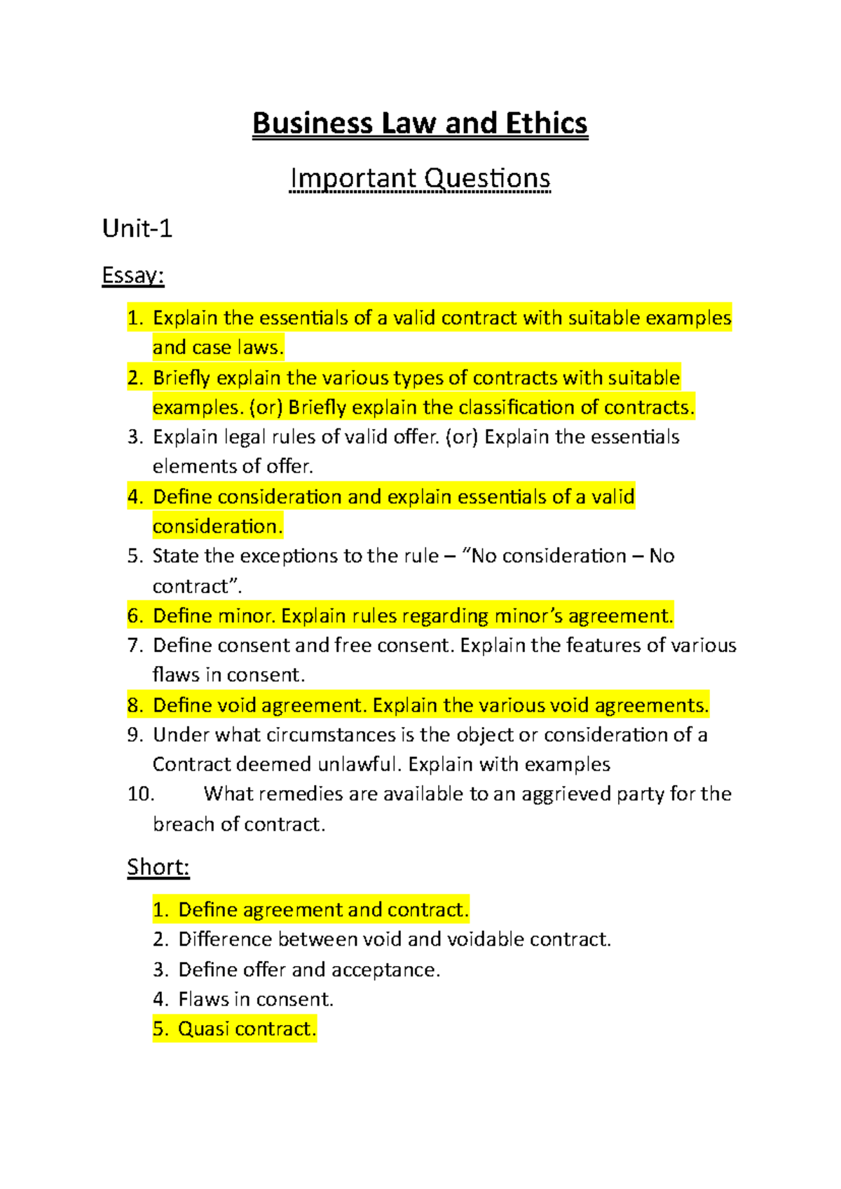 Business Law and Ethics important questions - Business Law and Ethics ...