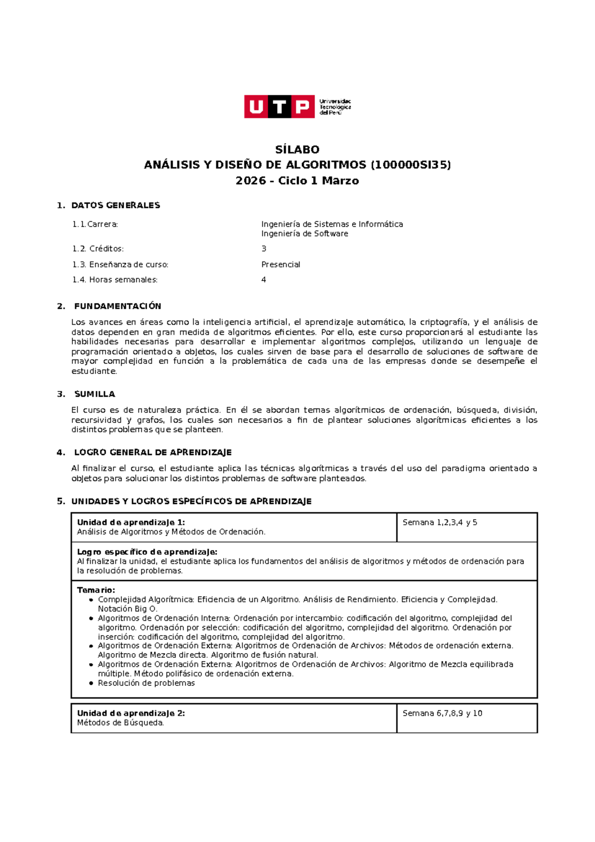 Sílabo de Análisis y Diseño de Algoritmos 2026 - Ciclo 1 - Document Preview