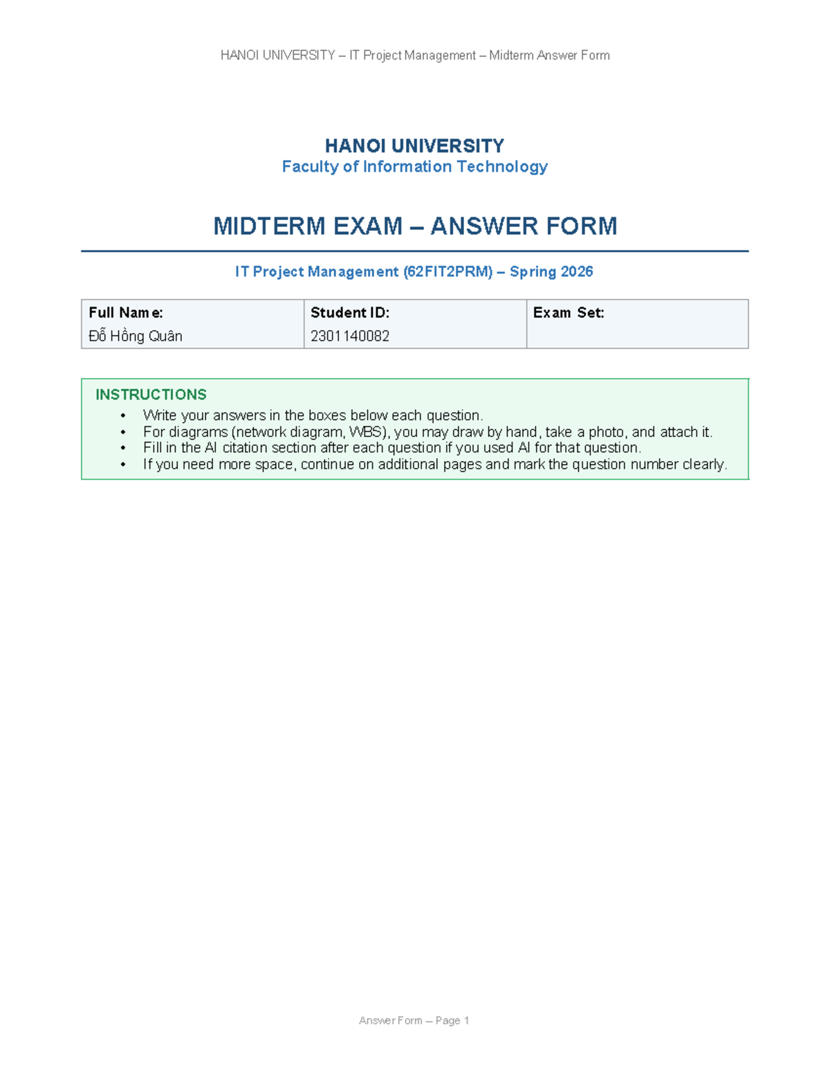 IT Project Management (62FIT2PRM) Midterm Exam Answer Form - Studocu