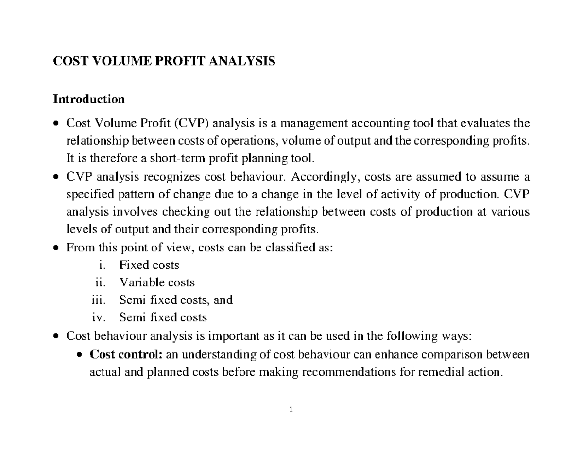 HBC 2203 lesson 4 and 5 CVP Analysis - COST VOLUME PROFIT ANALYSIS ...