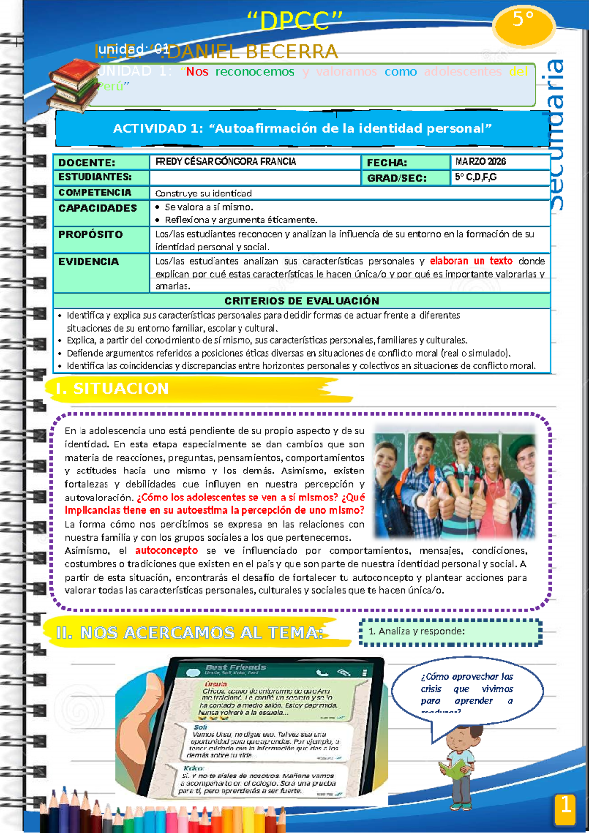 5° DPCC - ACTIVIDAD 01: Construyendo Nuestra Identidad en Adolescencia ...