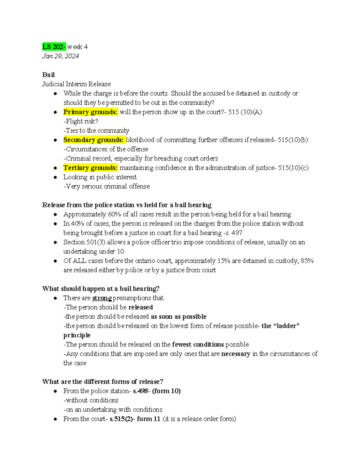 LS 202 - Week 4 Lecture Notes on Bail and Judicial Interim Release ...