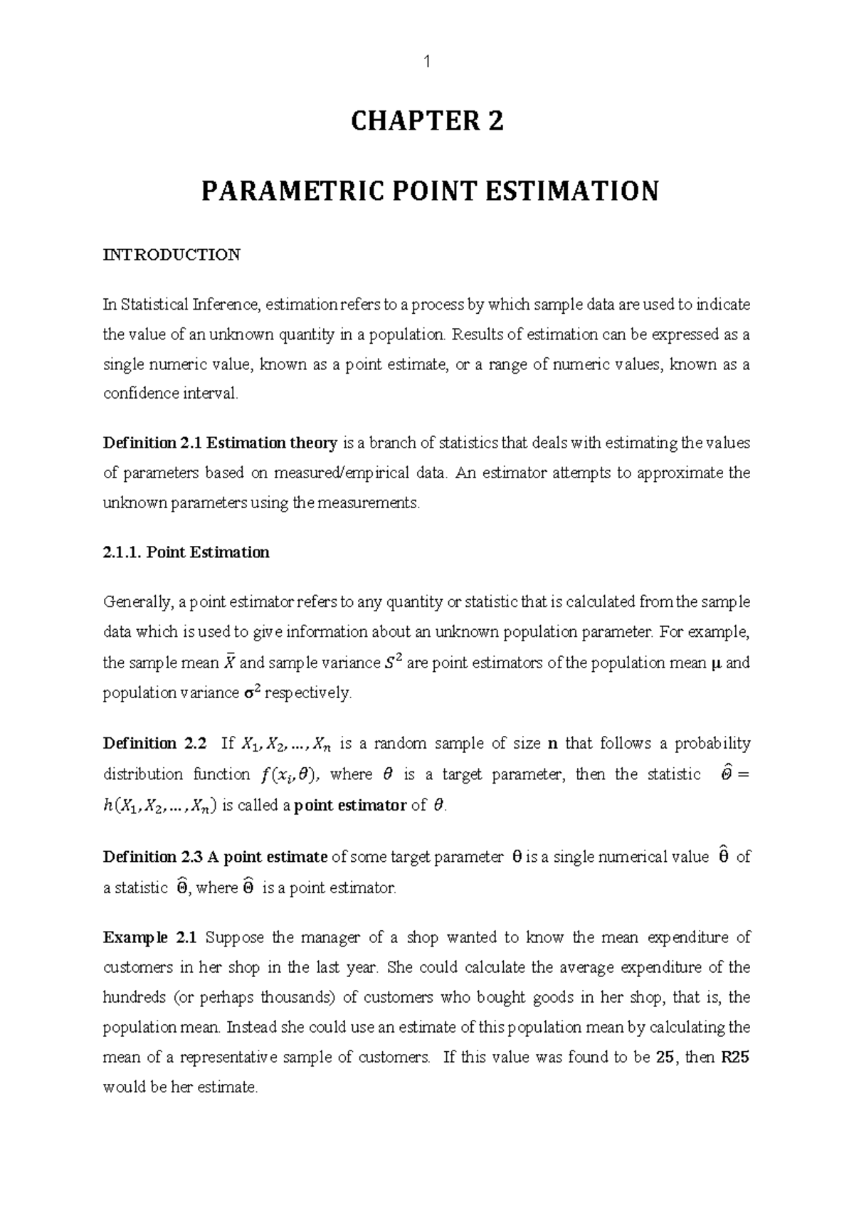 Chapter 2: Point Estimation and Properties of Estimators (STAT 101 ...