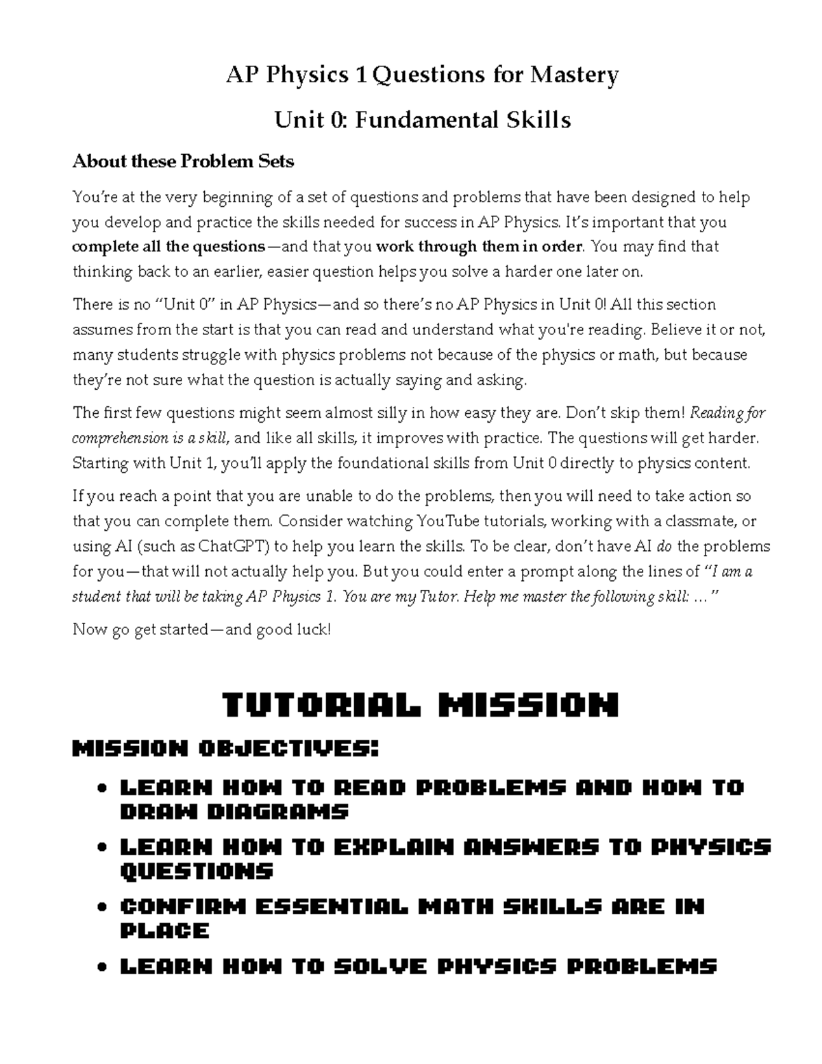 AP Physics 1 Problem Set Unit 0: Mastering Fundamental Skills - Studocu