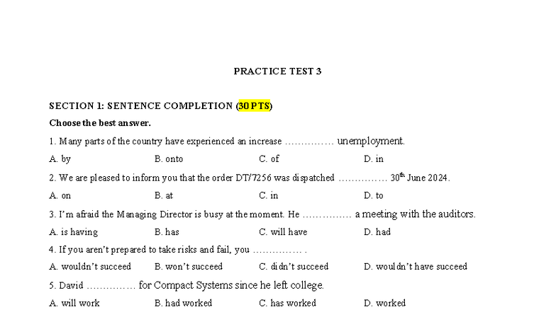 Practice Test 3 (2025) - Sentence Completion & Error Detection - Studocu
