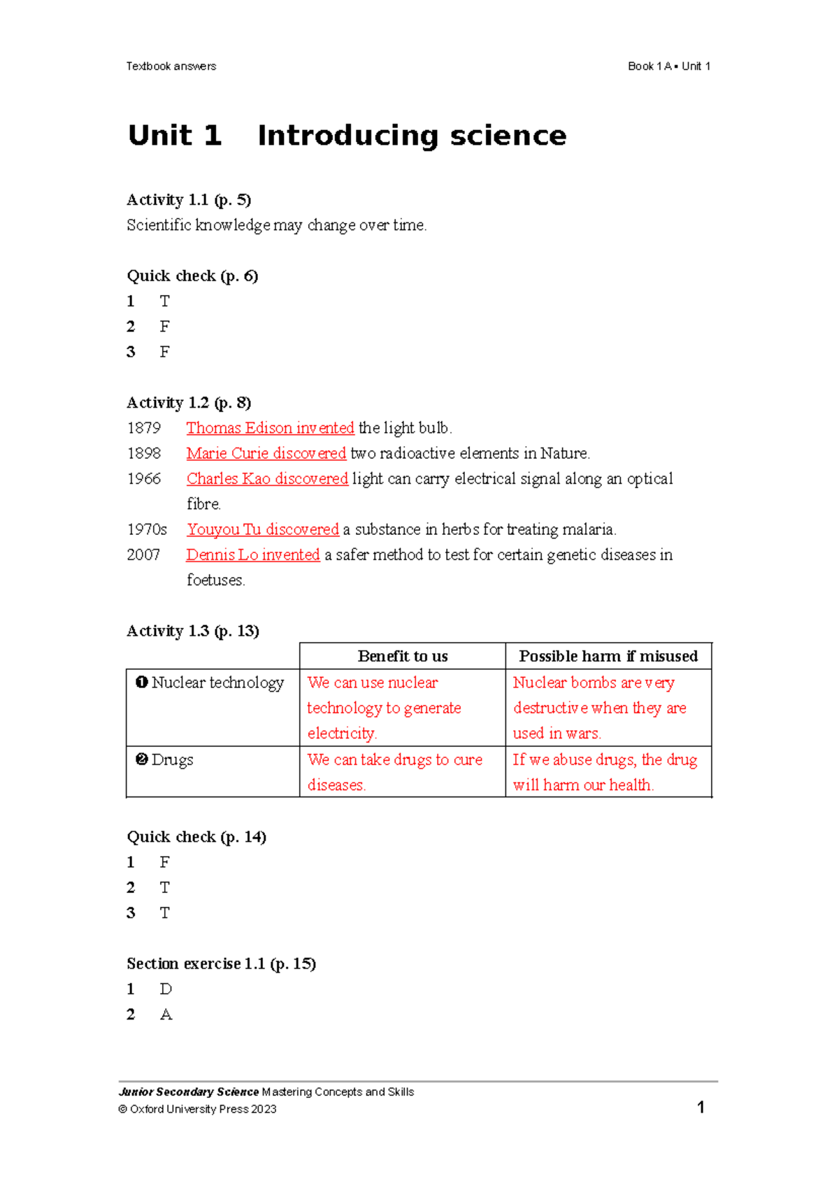 Junior Secondary Science (JSci) Workbook Answers for Unit 1 - Studocu