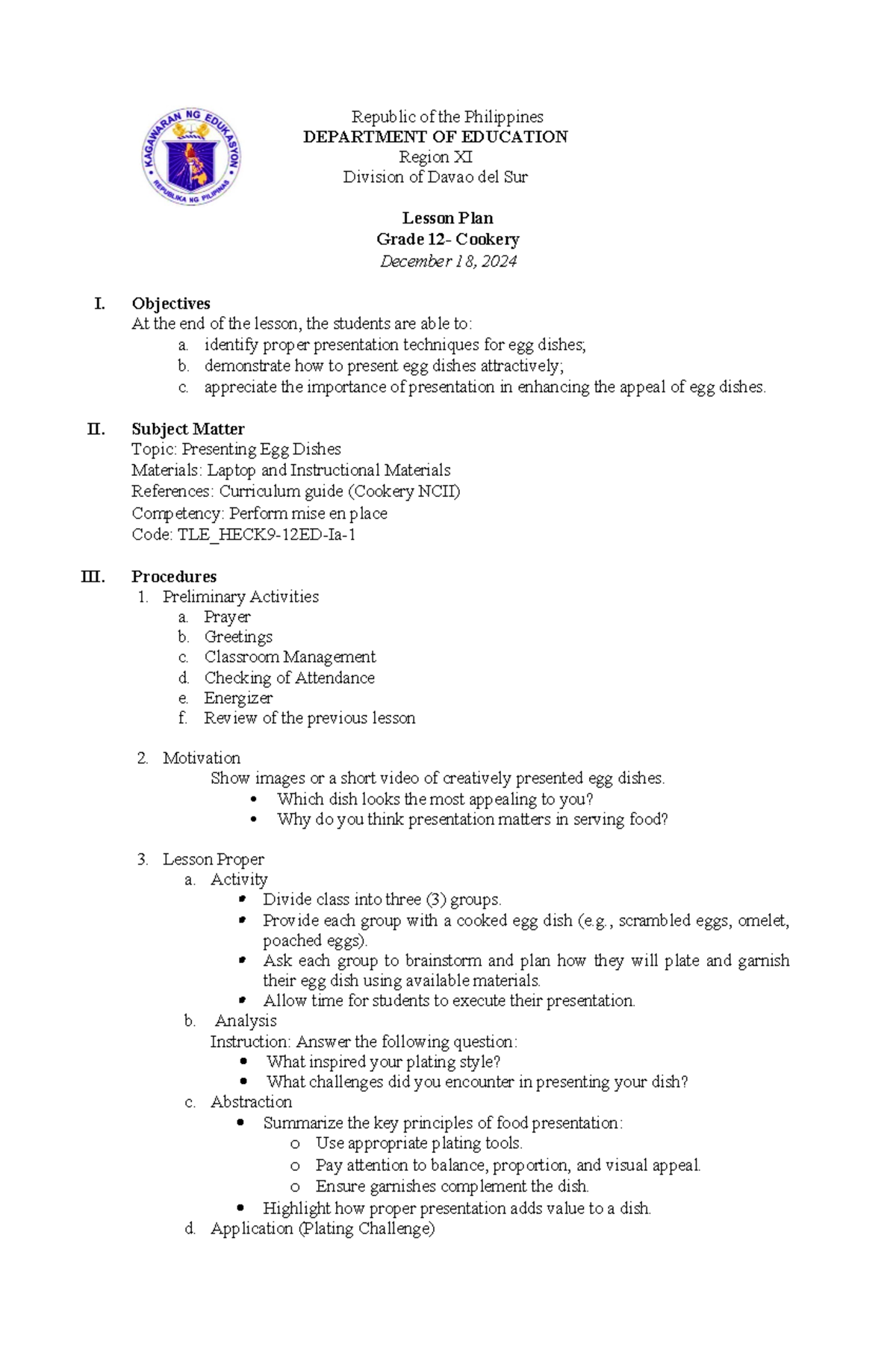 TLE_HECK9-12ED - Grade 12 Cookery Lesson Plan: Presenting Egg Dishes ...