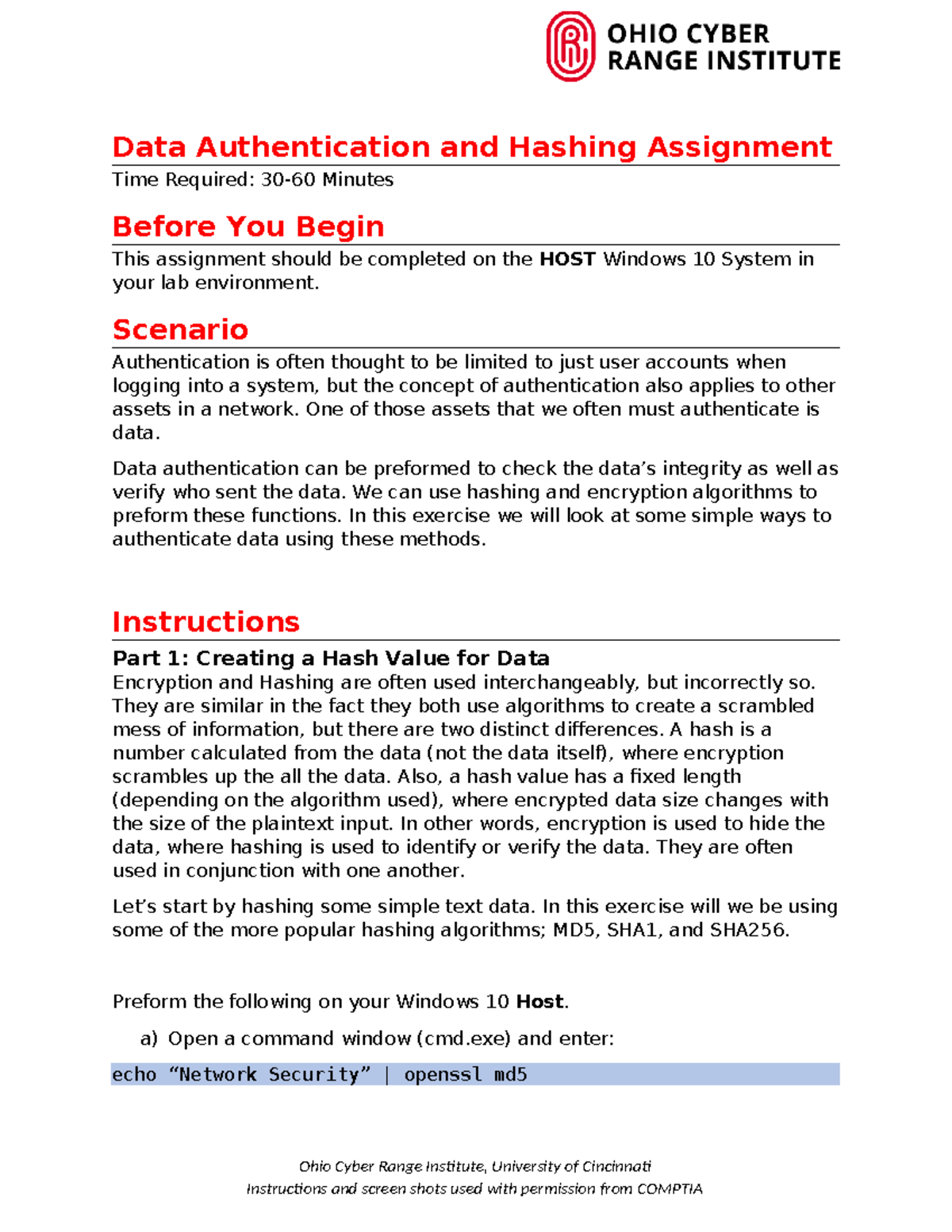 Data Authentication and Hashing Assignment - Scenario Authentication is ...