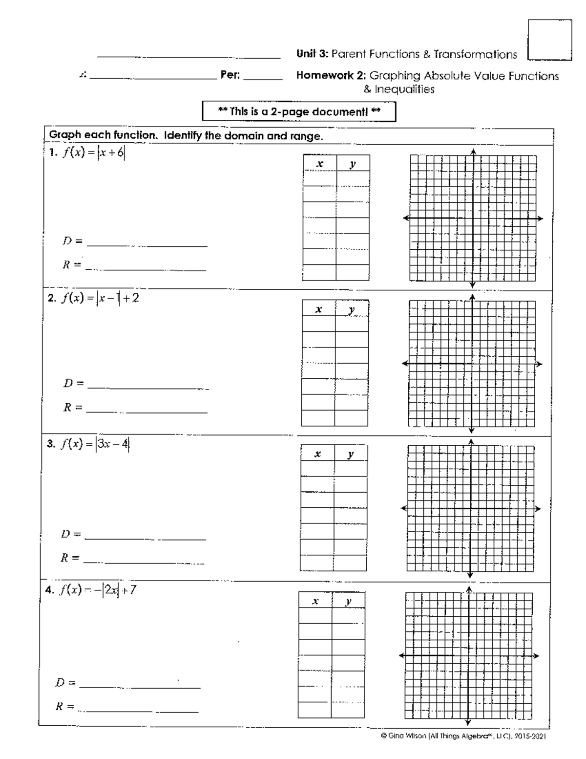Algebra 2: Unit 3 Homework 2 - Graphing Absolute Value Functions - Studocu