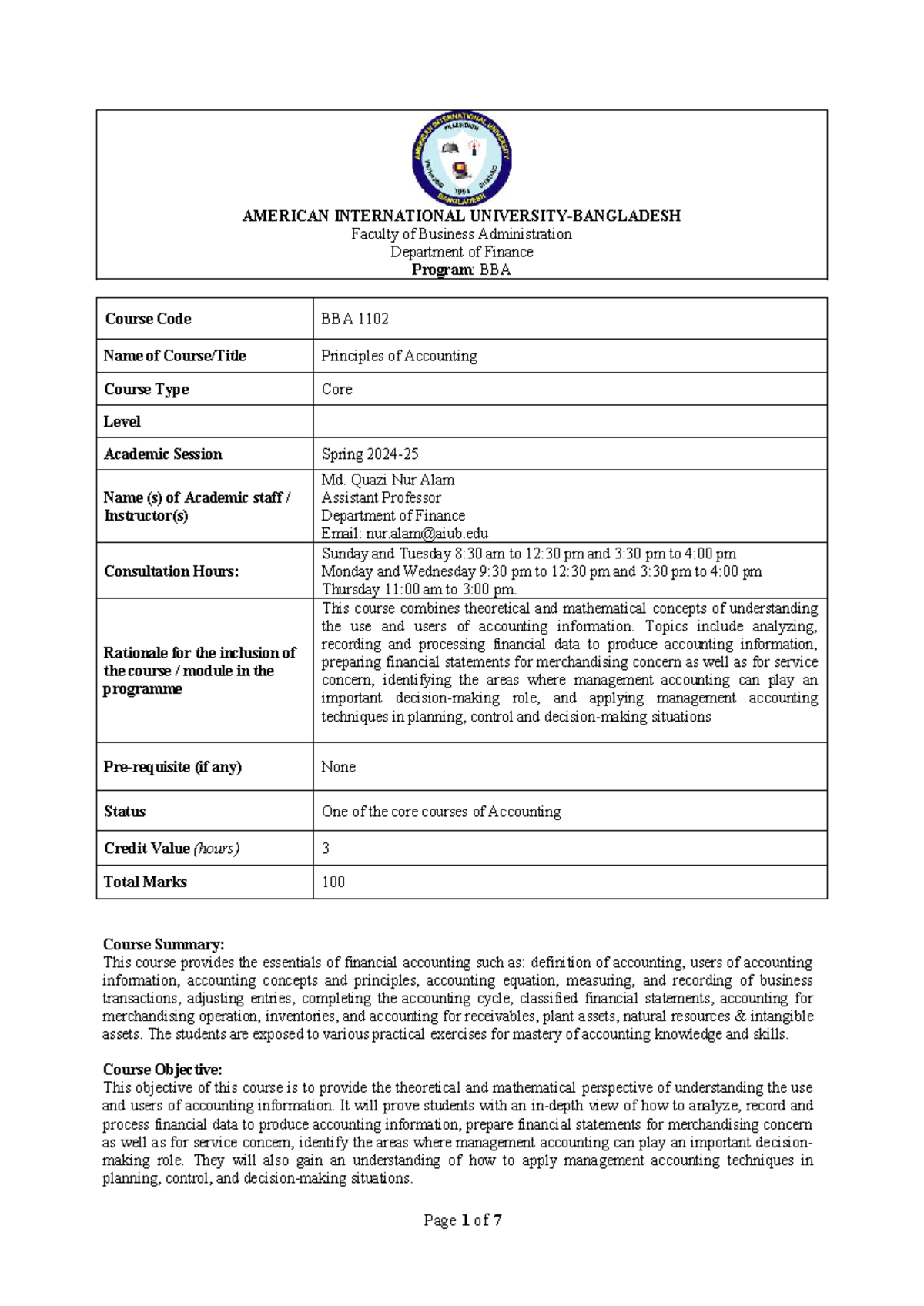 BBA 1102 Principles of Accounting Course Outline and Assessment Guide ...