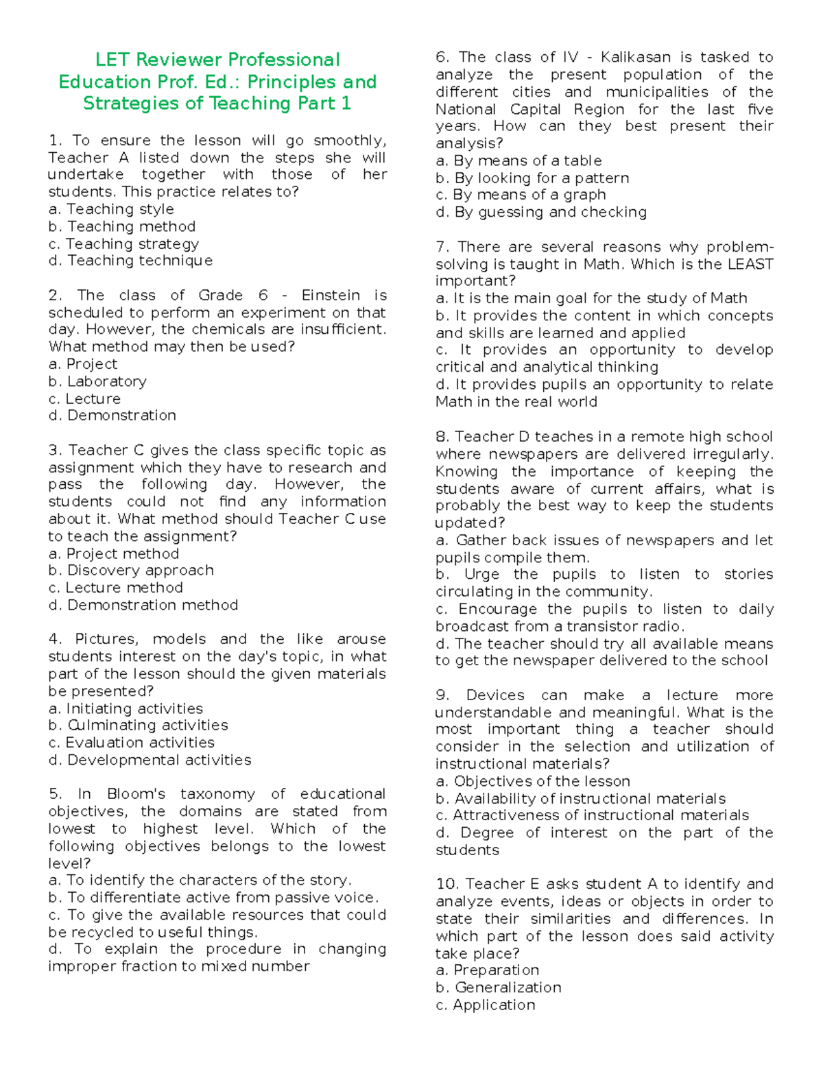 LET Reviewer Professional Education Prof. Ed.: Principles & Strategies ...