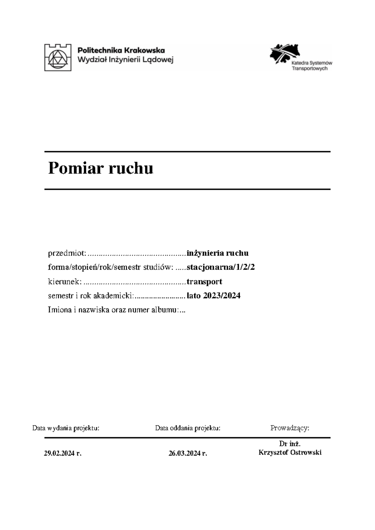 Pomiar ruchu - Przykład sprawozdania w inżynierii transportu (IR-1/2 ...