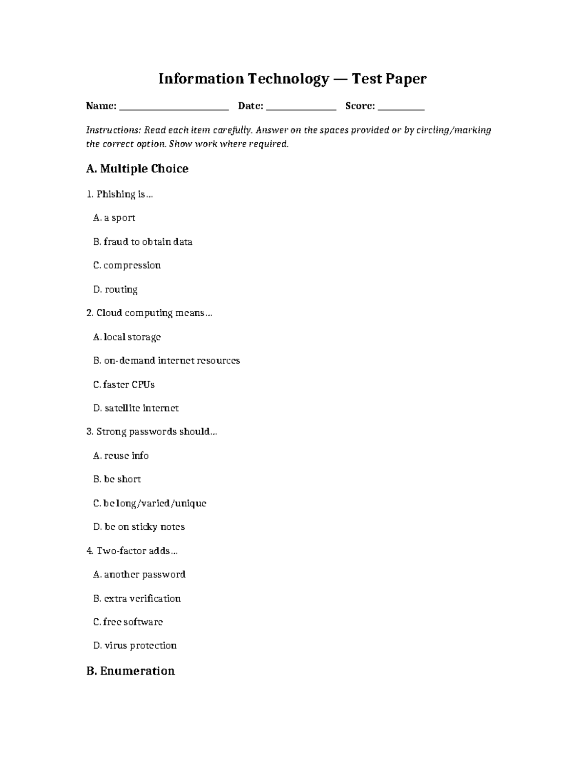 IT 101: Information Technology Test Paper - Studocu