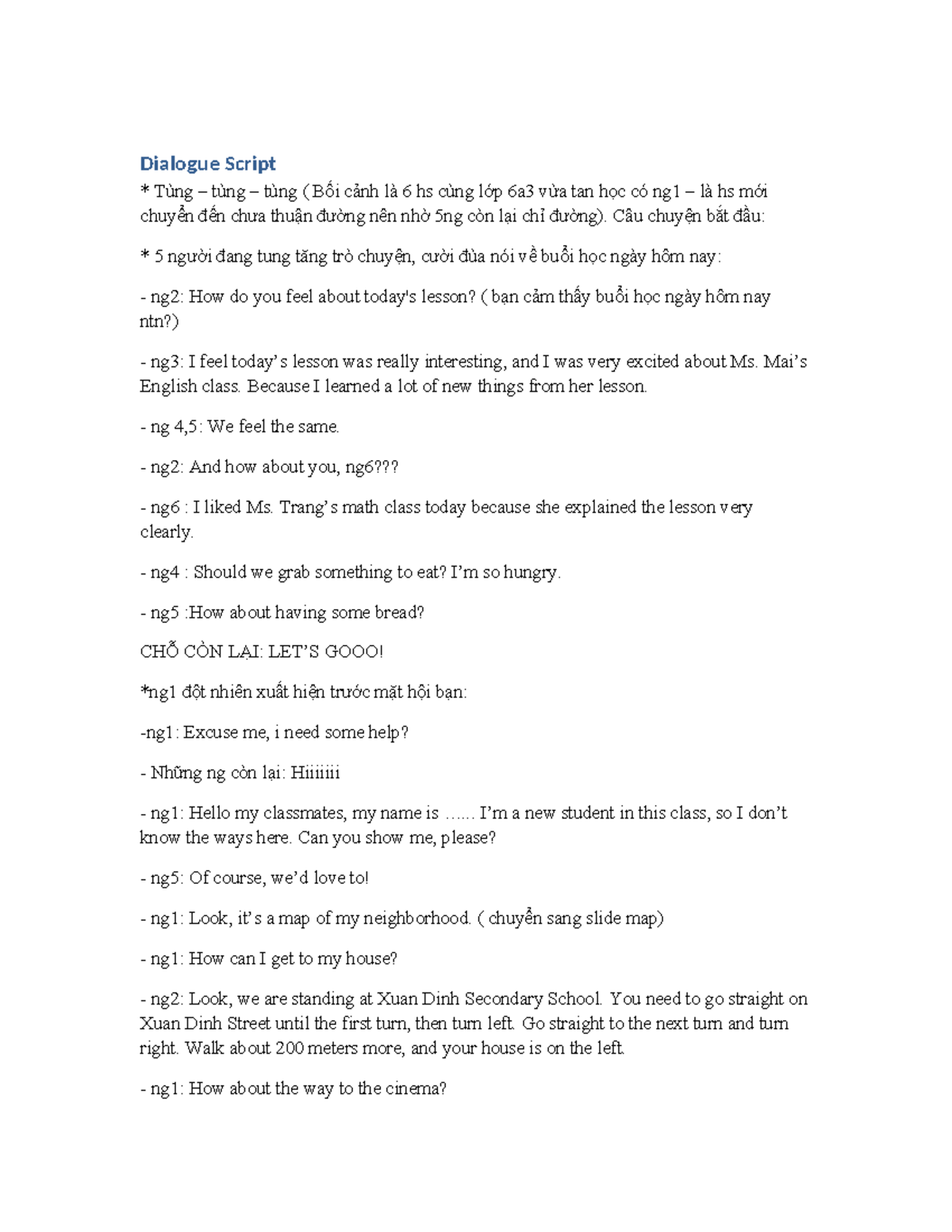 Dialogue Script for New Student Orientation in Class 6A3 - Studocu