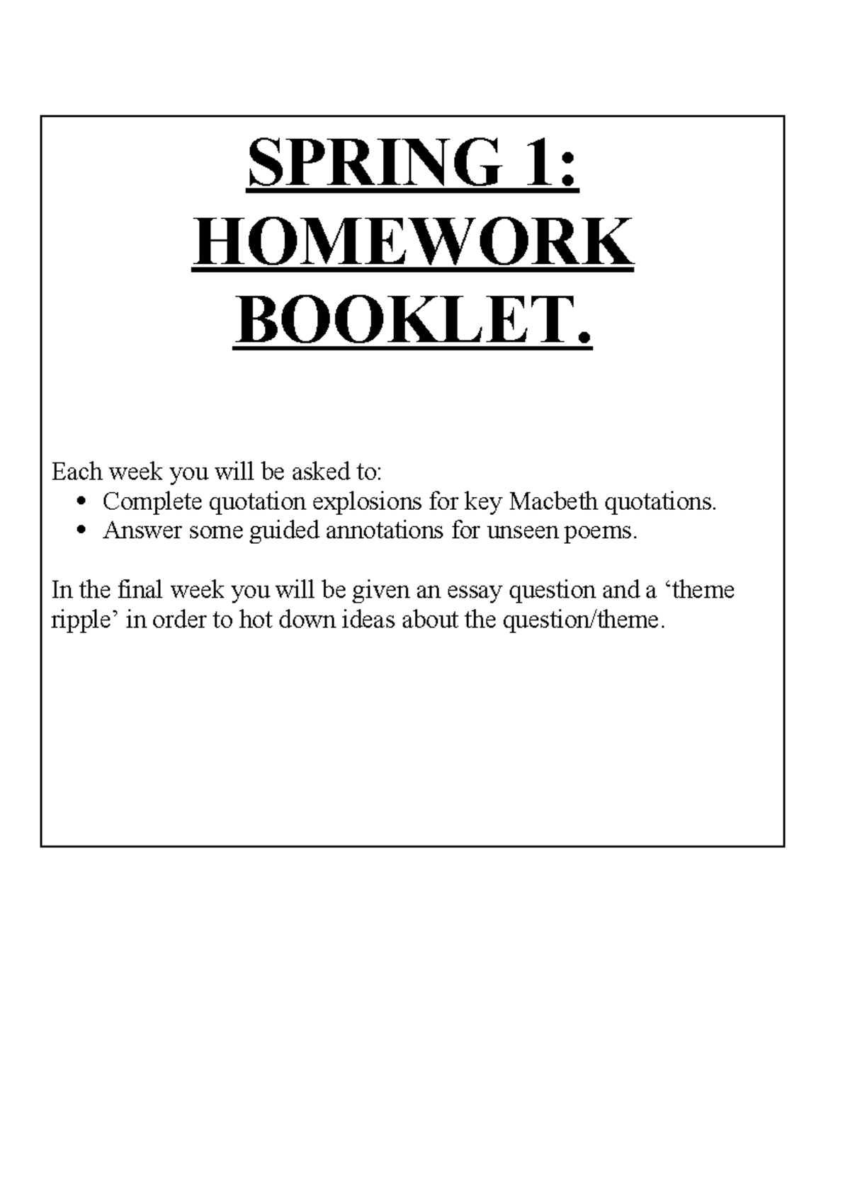 Spring 1: Y11 Homework Booklet - Macbeth Quotation Explosions & Poetry ...