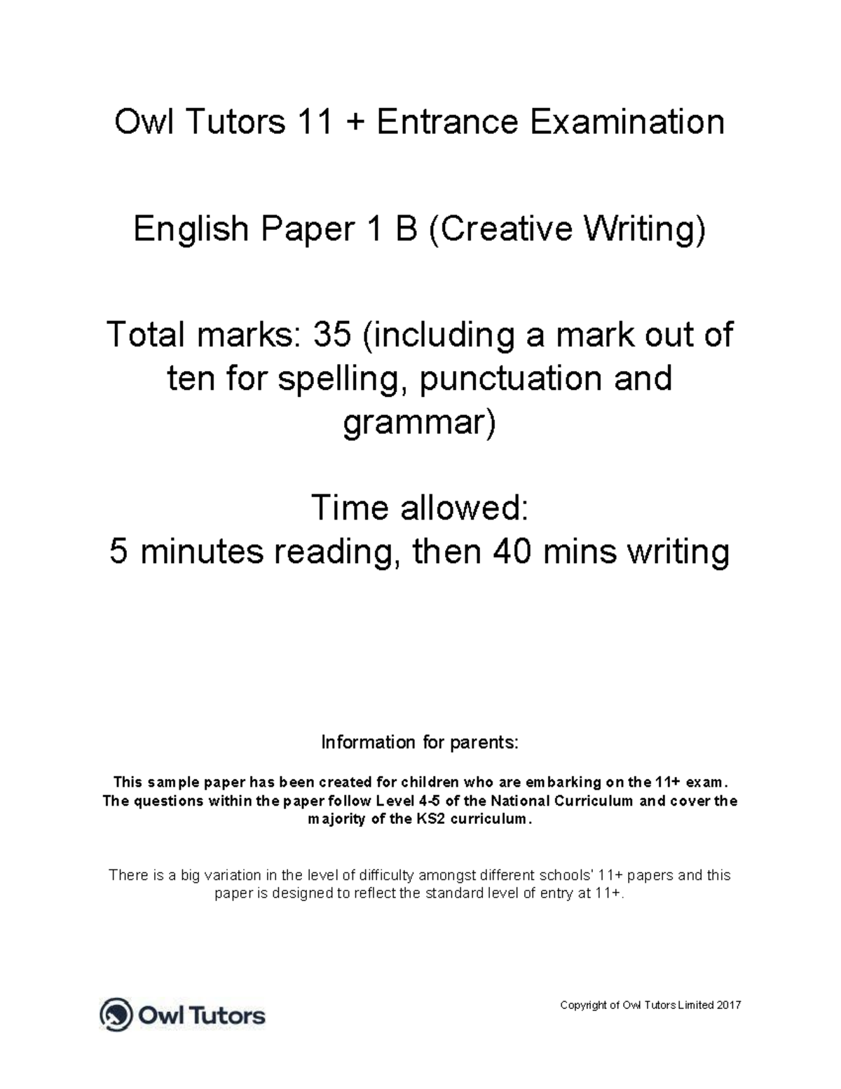 Owl tutor 11 plus english 1 b - Owl Tutors 11 + Entrance Examination ...