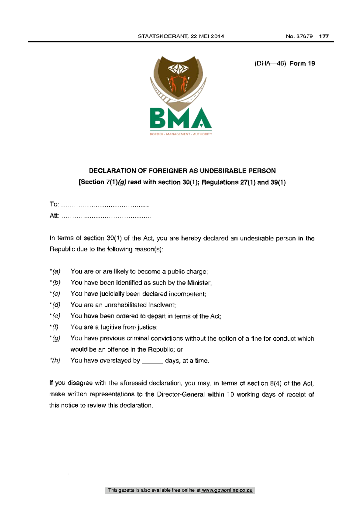 DHA-46 Form 19: Declaration of Undesirable Foreigner - Studocu