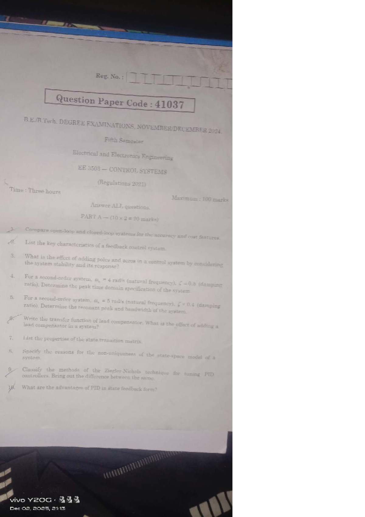 EE 3503 Control Systems - Degree Exam Question Paper 2024 - Studocu