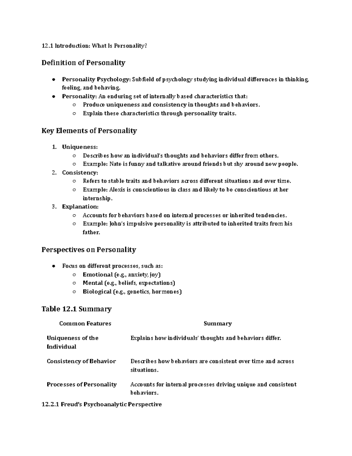 PSY 1102 Personality Psychology: Key Concepts & Summary Notes - Studocu