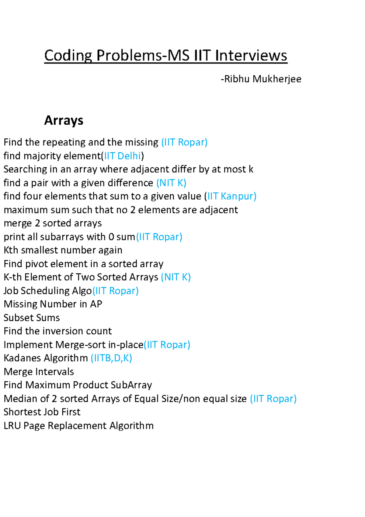 Important Coding Problems for IIT Interviews (IIT Ropar, IIT Delhi, NIT ...