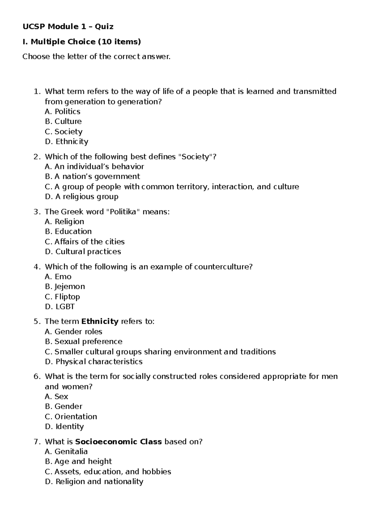UCSP Module 1 Quiz I: Culture, Society, and Identity Concepts - Studocu
