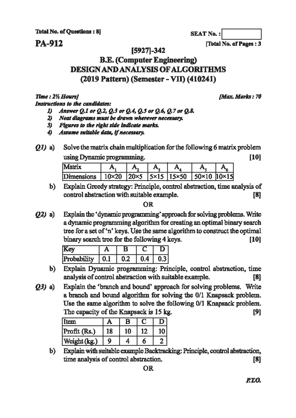 DAA Insem Exam Question Paper 2024 - Design & Analysis of Algorithms ...