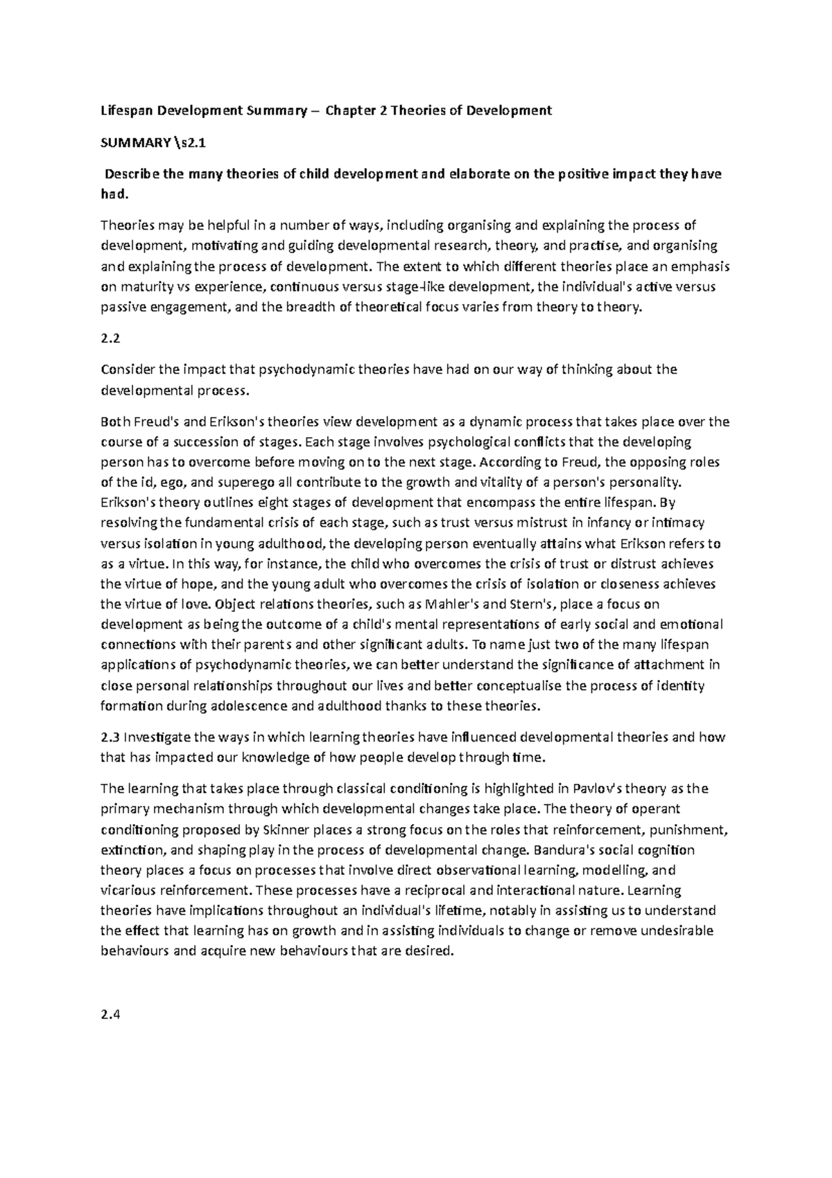 Lifespan Development Course Code Chapter 2 Summary Developmental