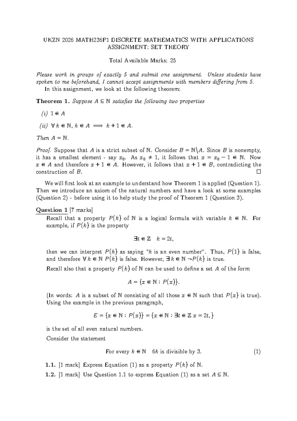 UKZN 2026 MATH236P1 Discrete Math Assignment: Set Theory Analysis - Studocu