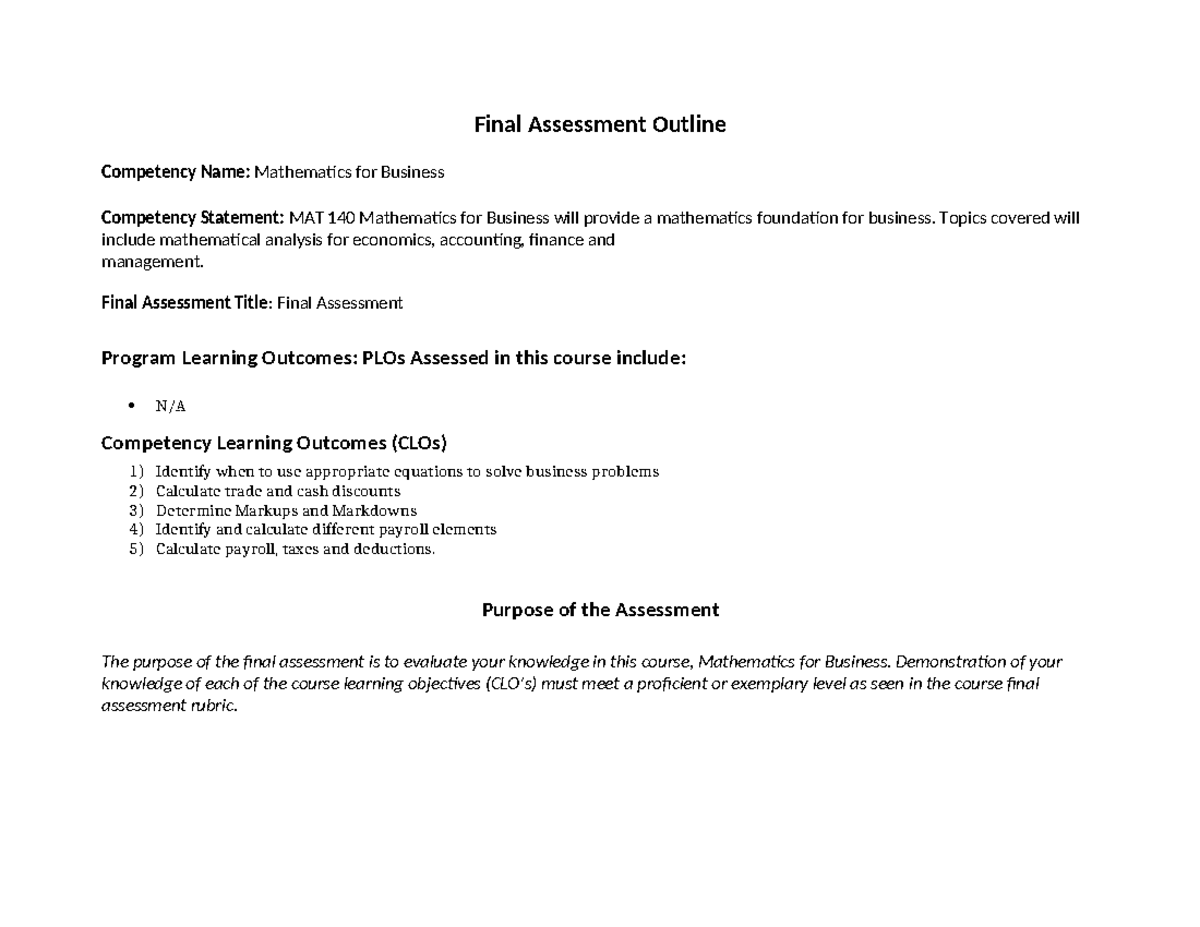 MAT 140 Final Assessment Guide for Mathematics in Business 2024 - Studocu