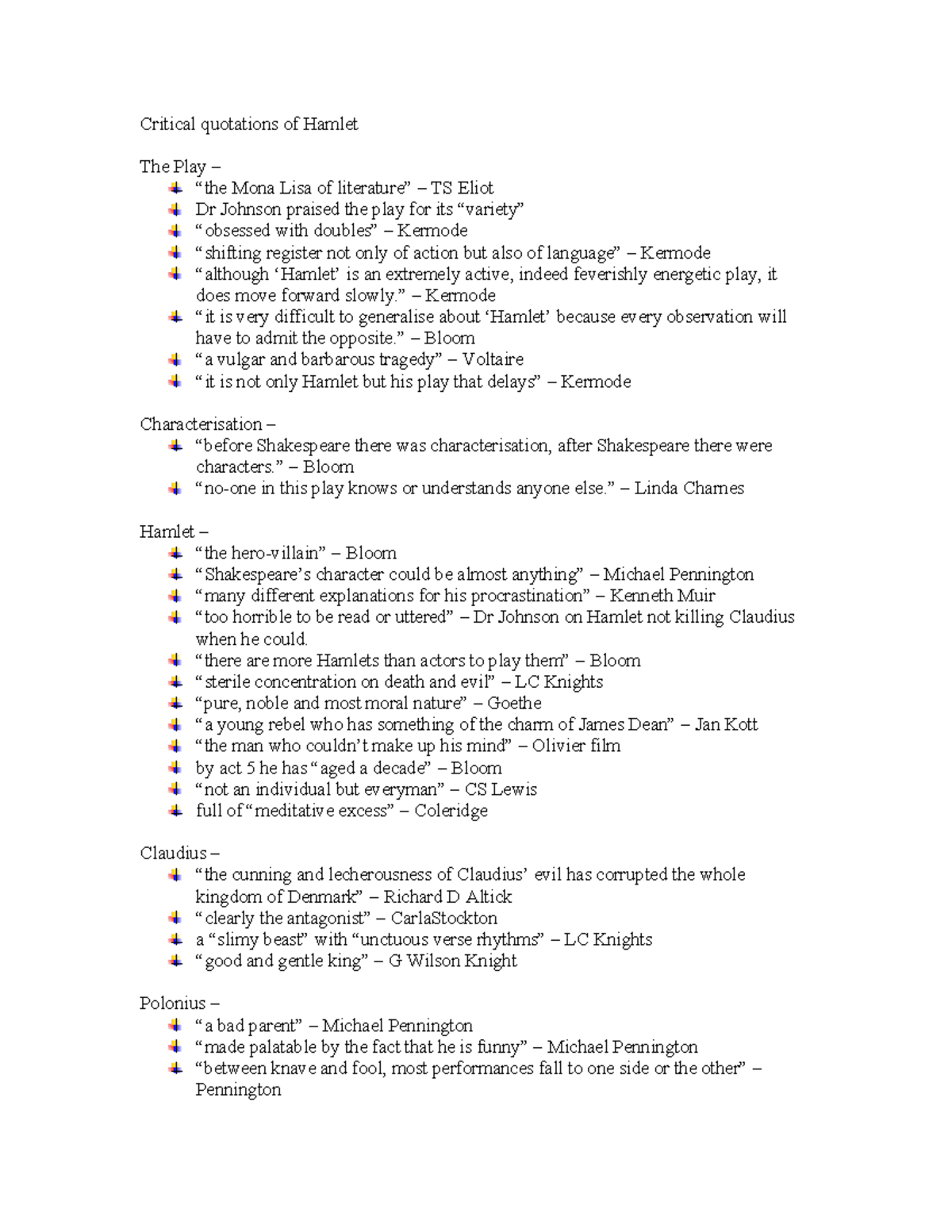Critical Quotations on Hamlet: Insights from Notable Critics - Edexcel ...