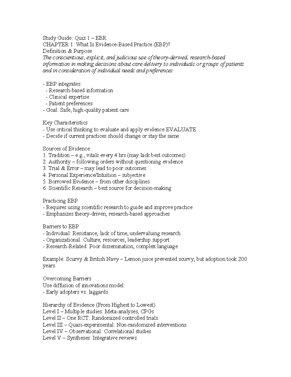 Study Guide: Quiz 1 - EBR & Nursing Practice Overview and Key Concepts ...