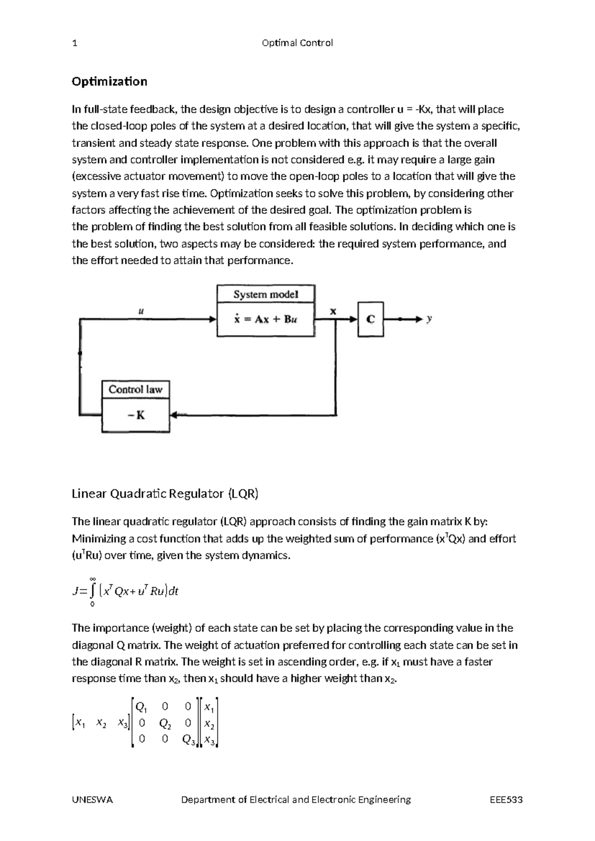 Lec 2: Optimal Control Optimization and LQR Techniques - UNESWA - Studocu