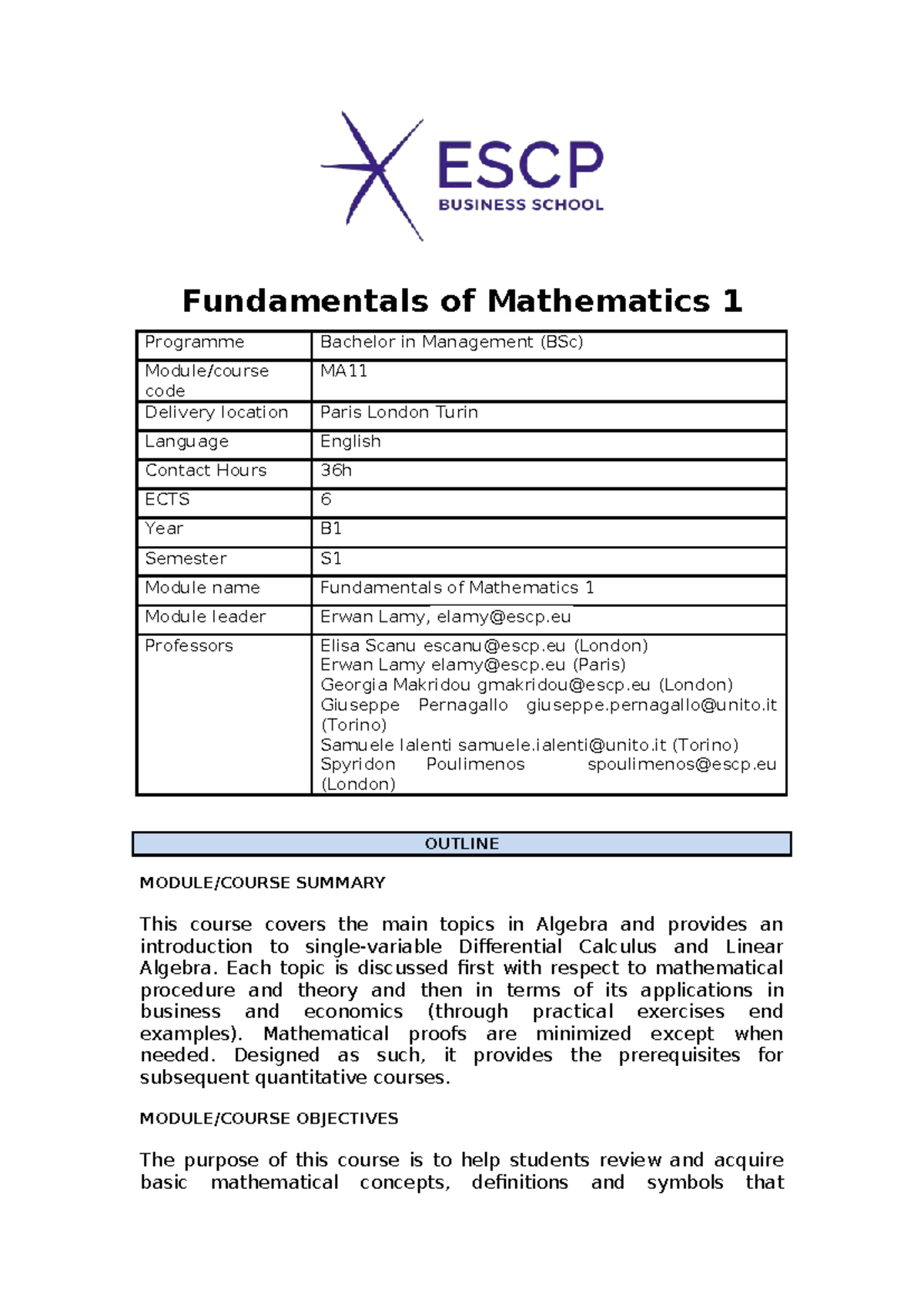MA11 Fundamentals of Mathematics 1 Syllabus for BSc in Management 2024 ...