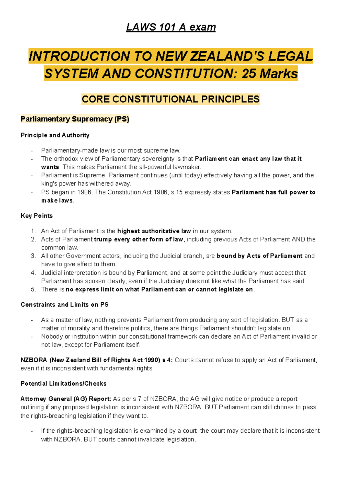 LAWS101 A Final Exam Notes - Constitutional Supremacy and Law - Studocu