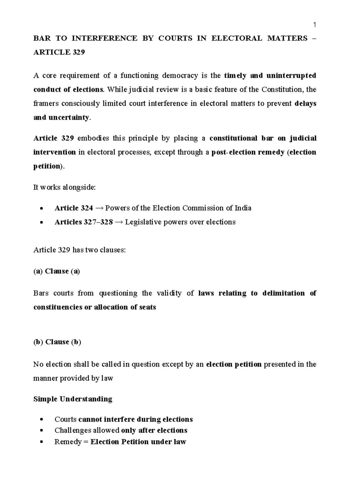 Article 329: Judicial Interference in Electoral Matters Explained - Studocu