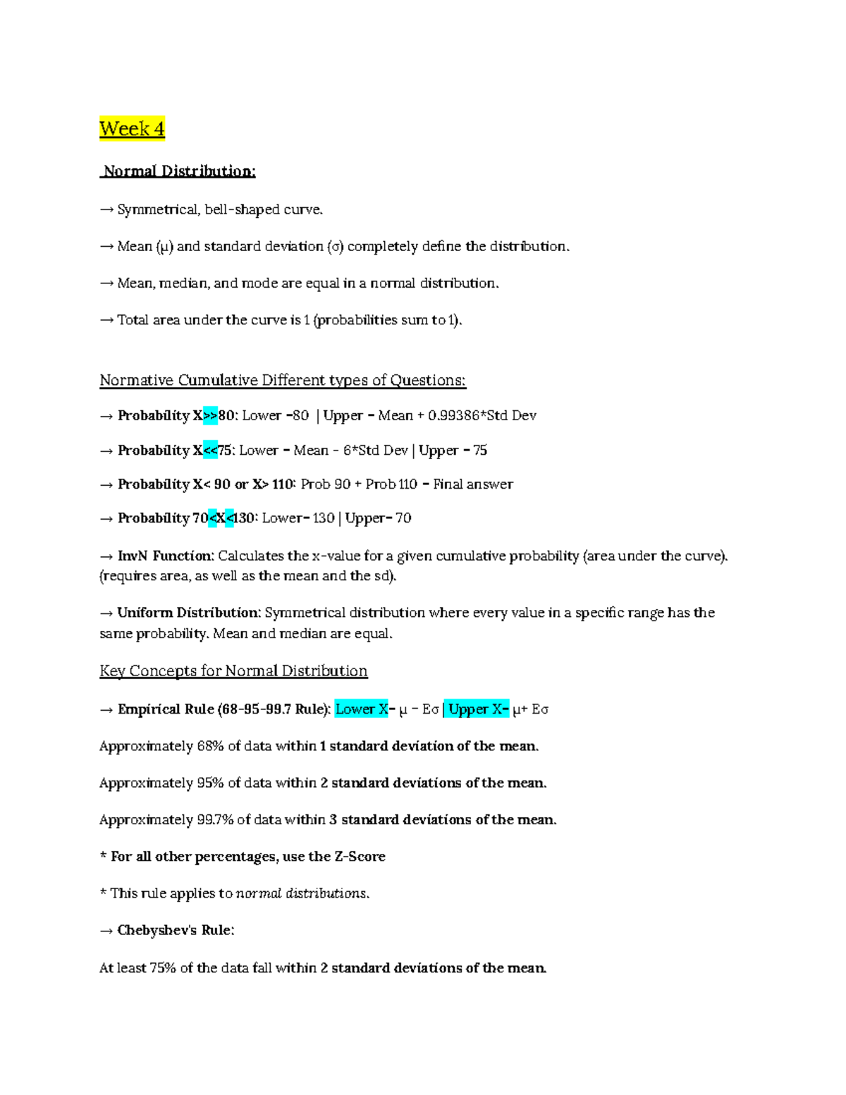 QMS 210 - Week 4: Normal Distribution Concepts and Key Rules - Studocu