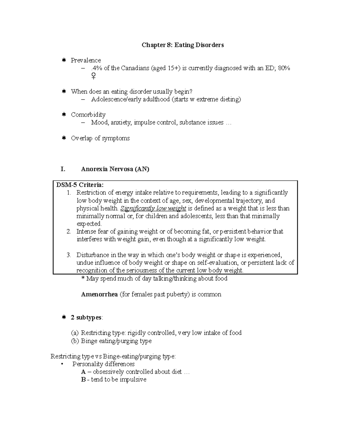 Chapter 8 - Eating disorders - full notes - Chapter 8: Eating Disorders ...