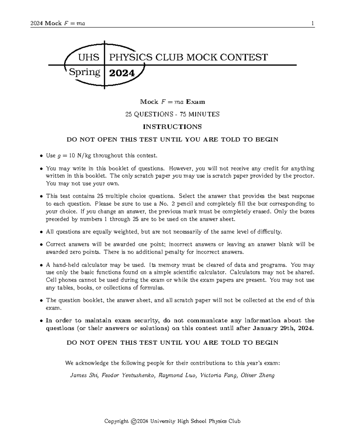 2024 UHS PHYSICS CLUB Mock F ma Exam Solutions and Explanations - Studocu