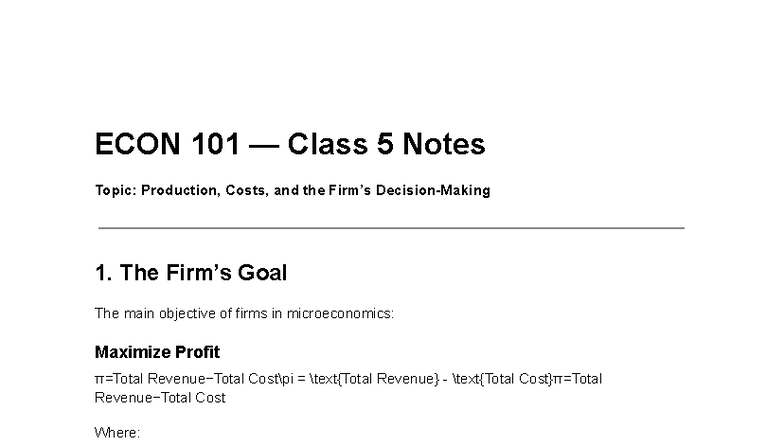 ECON 101 Class 5 Notes: Production and Cost Theory Overview - Studocu