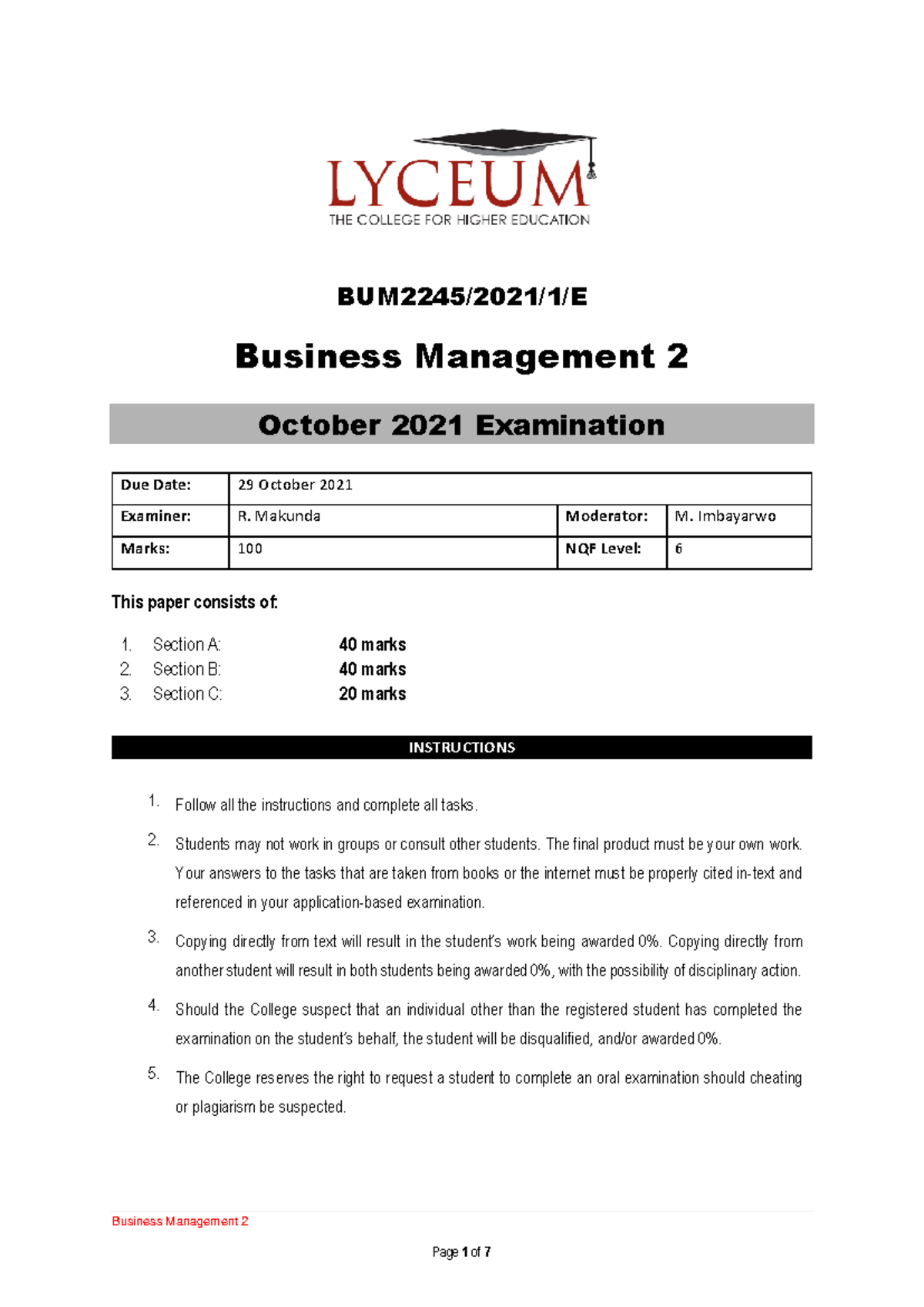 BUM2246 N-October 2021 Business Management 2 Exam Paper - Studocu