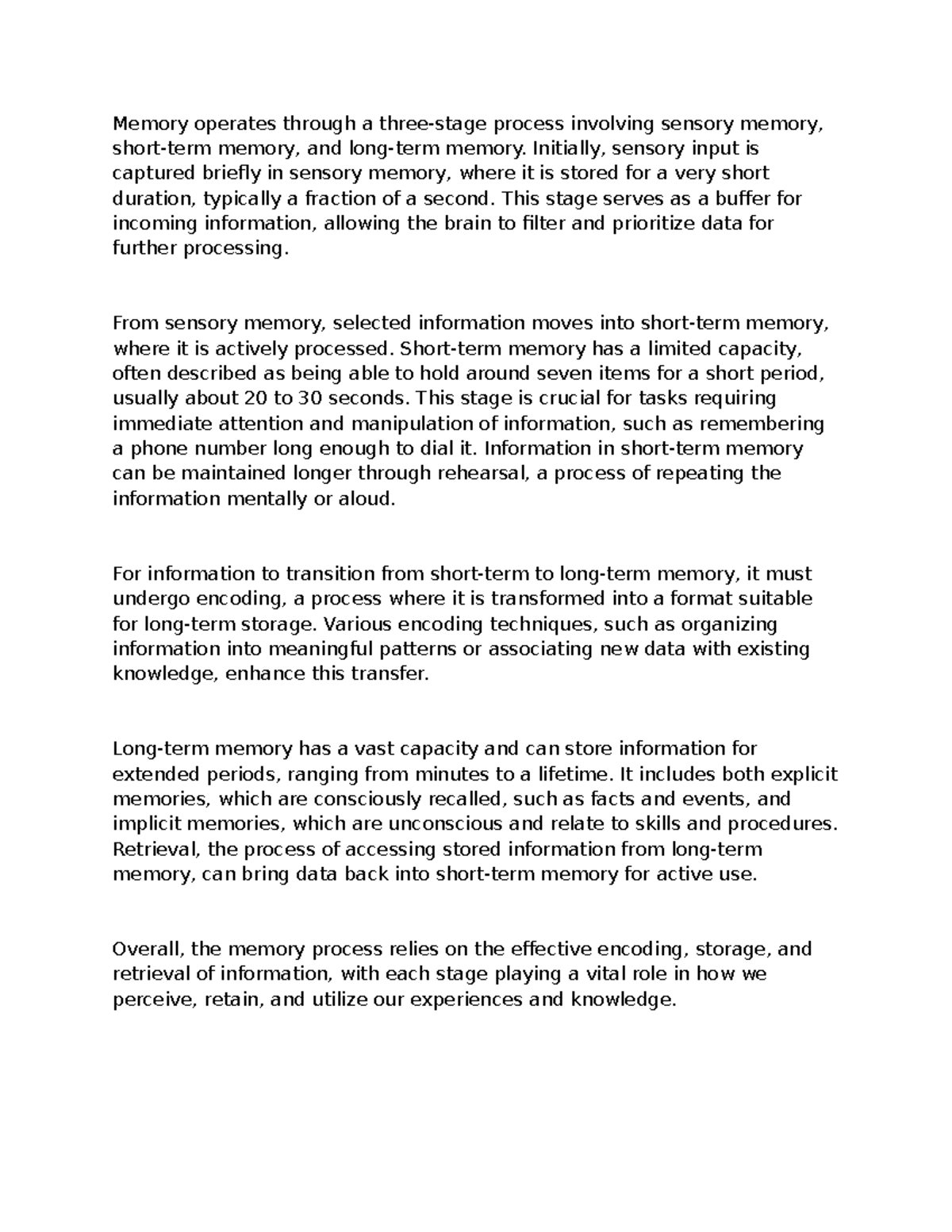 Paper - Summary Introduction to Psychology - Memory operates through a ...