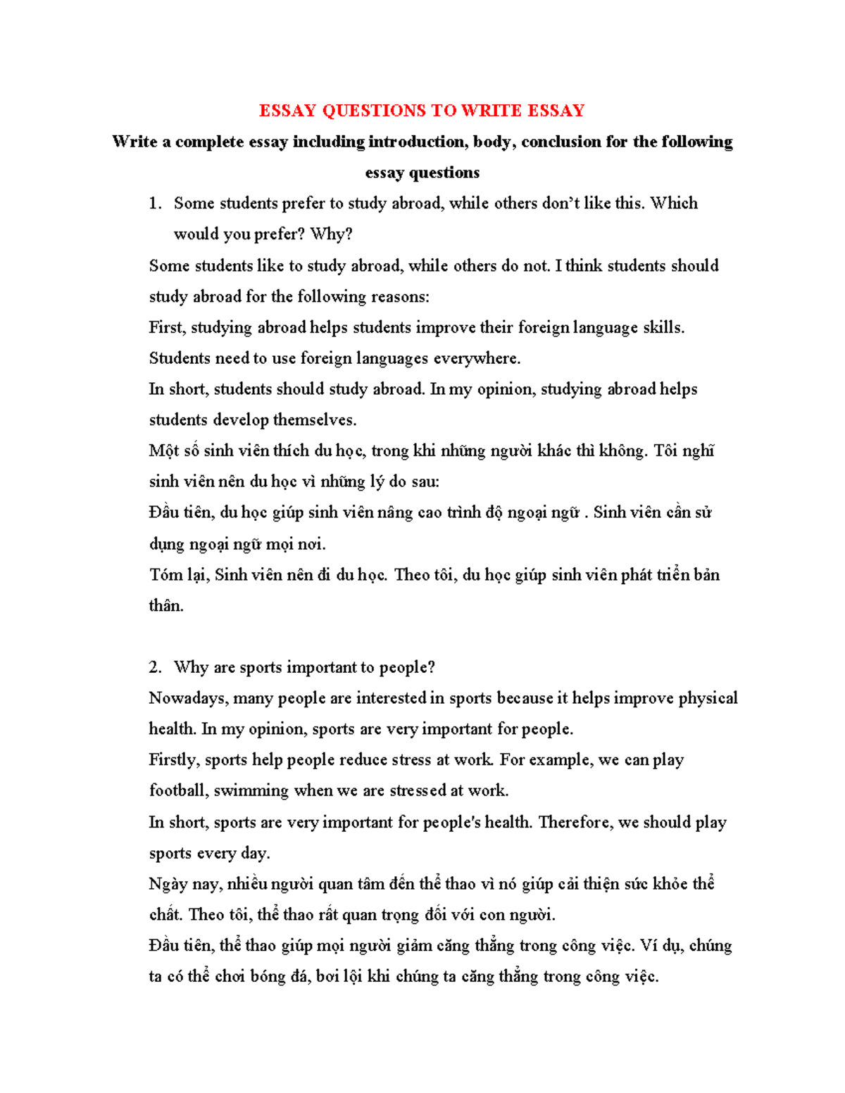Essay Questions for Writing (ENG101) - Studocu