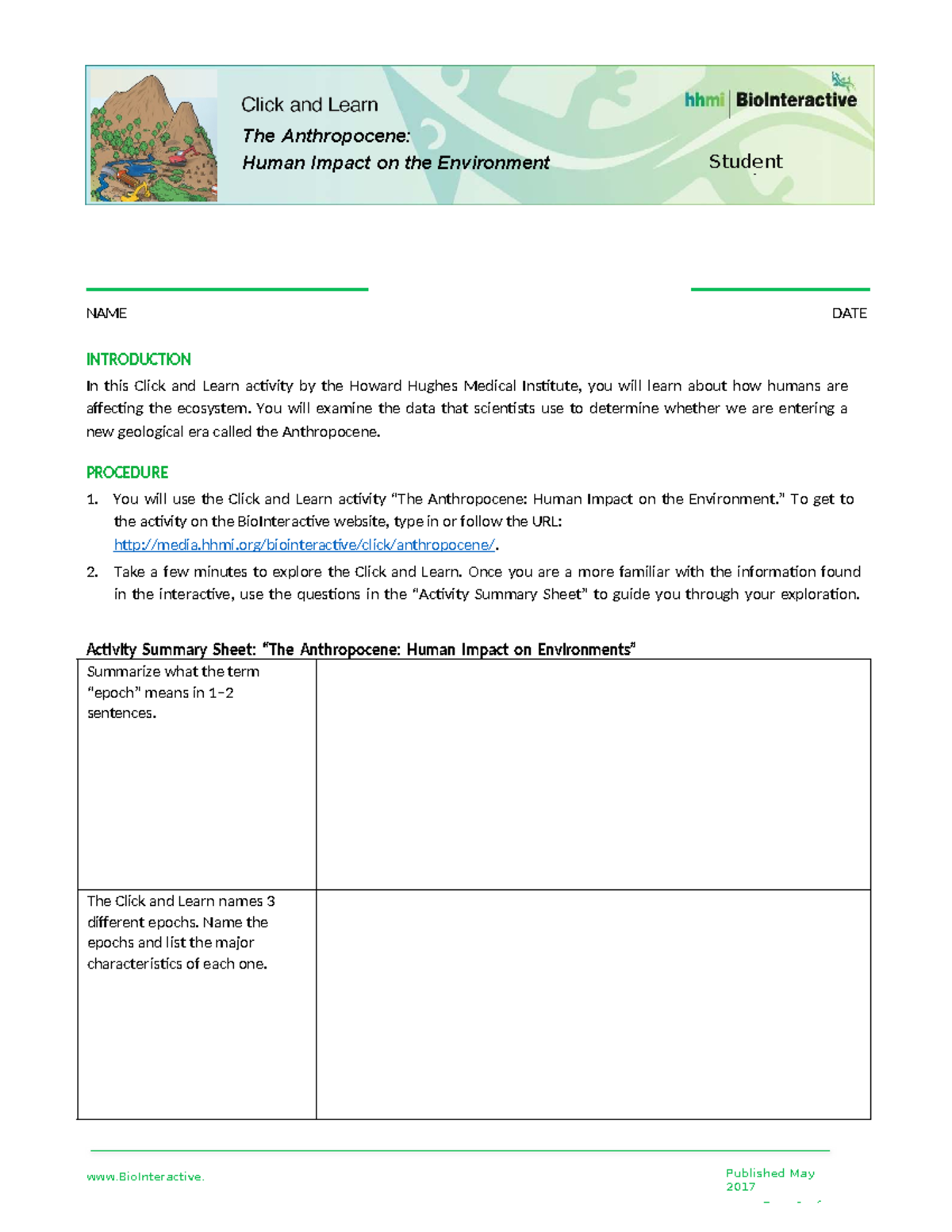 Anthropocene: Human Impact on the Environment - Student Handout - Studocu