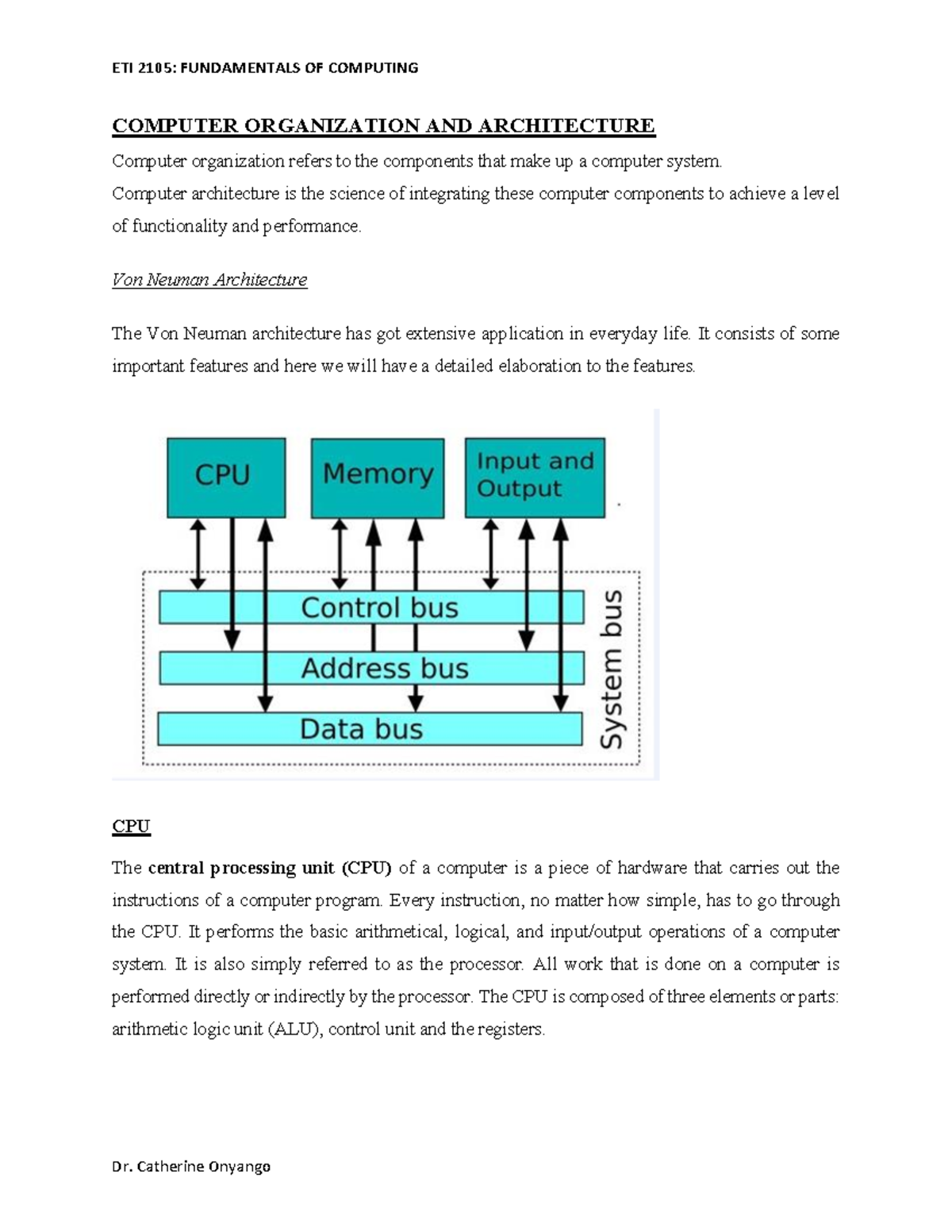 ETI 2105: Computer Organization & Architecture Overview - Studocu